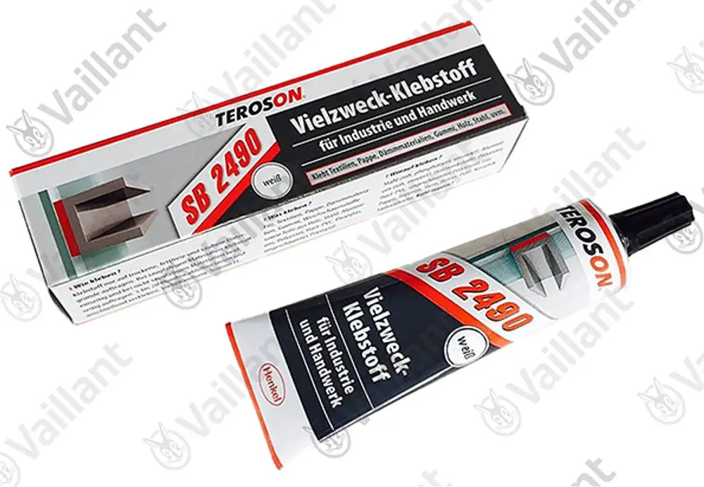 Tubenförmiger Klebstoff der Marke Vaillant in einer weißen Verpackung mit rotem und schwarzem Design, beschriftet mit Produktdetails und Anwendungsinformationen.
